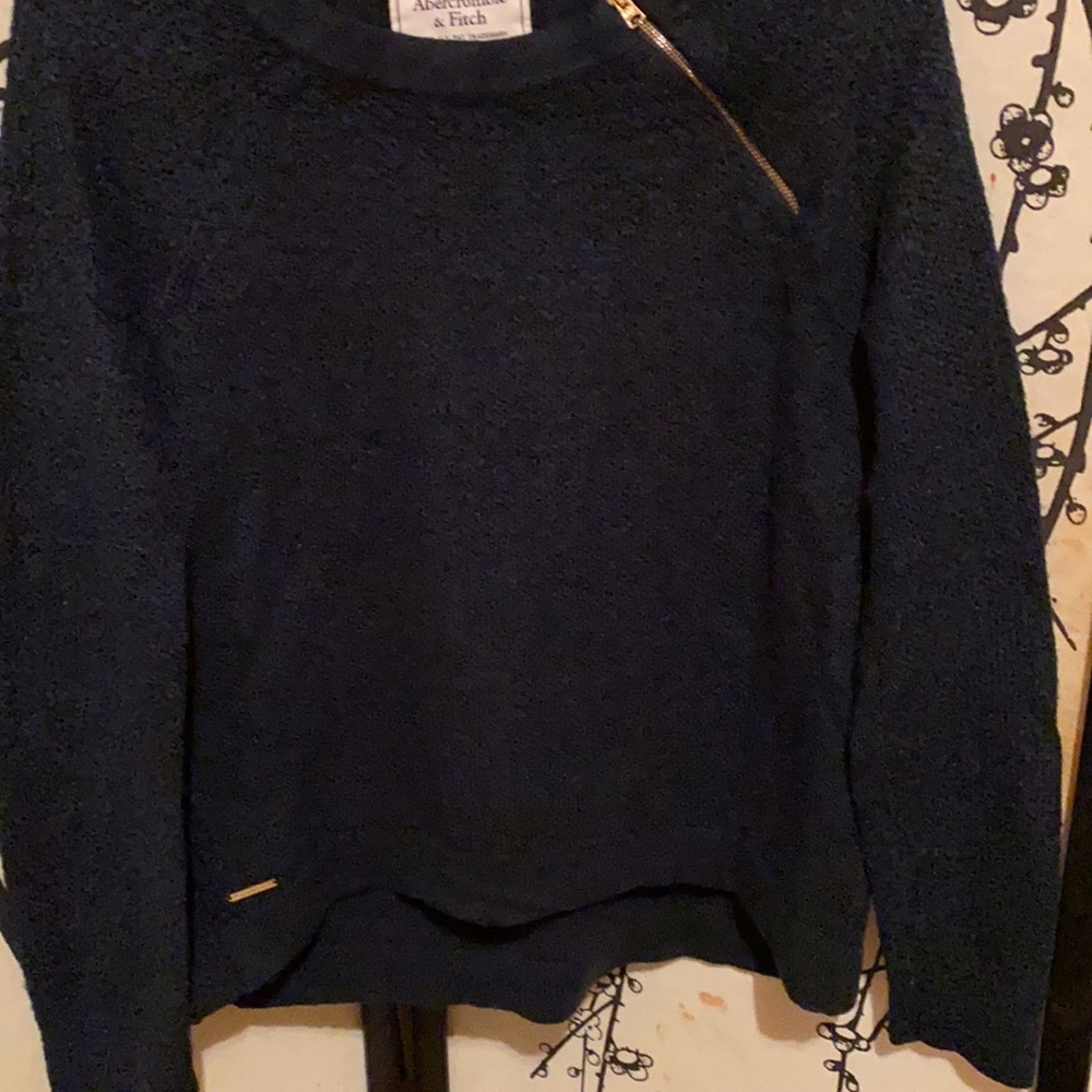 Abercrombie & Fitch Navy  Blue Zipper Neckline Chunky SweaterW/Gold Metal Logo - Picture 4 of 16